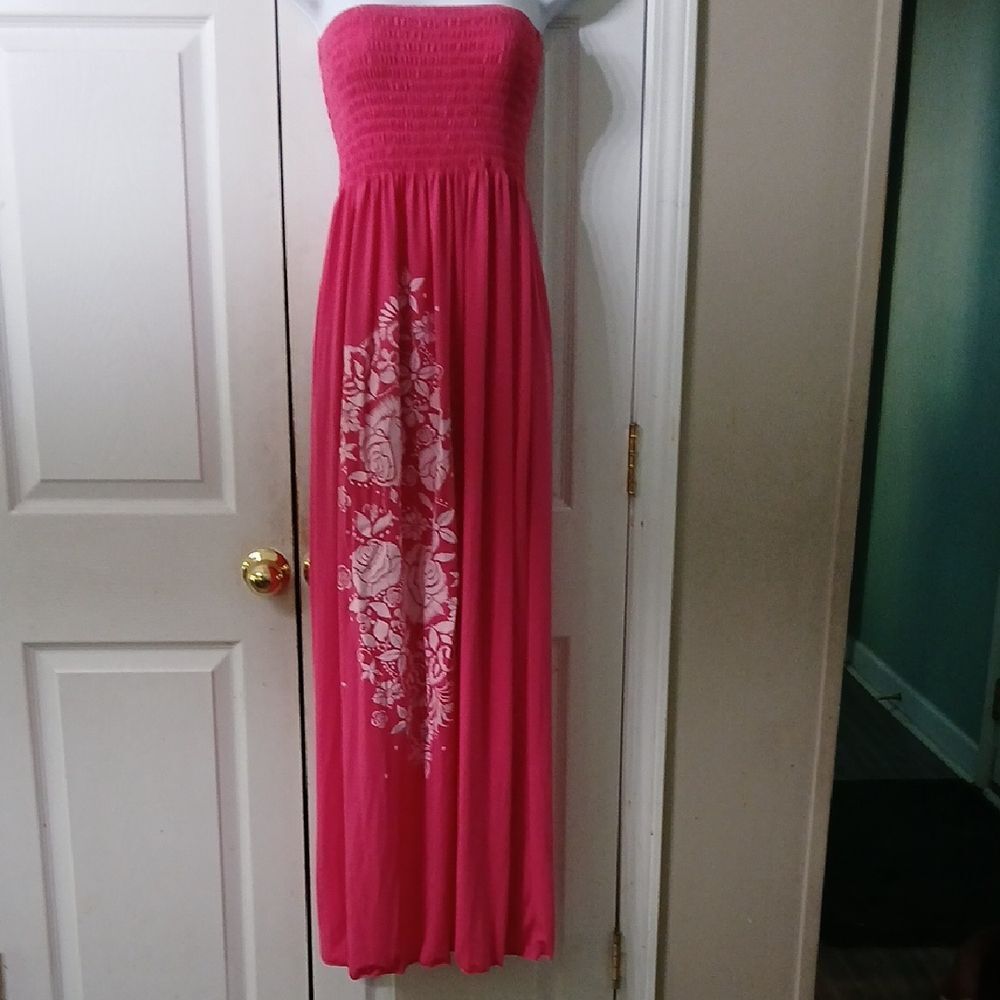 Smocked top pinkish mauve floral print maxi strapless dress Sz M EUC